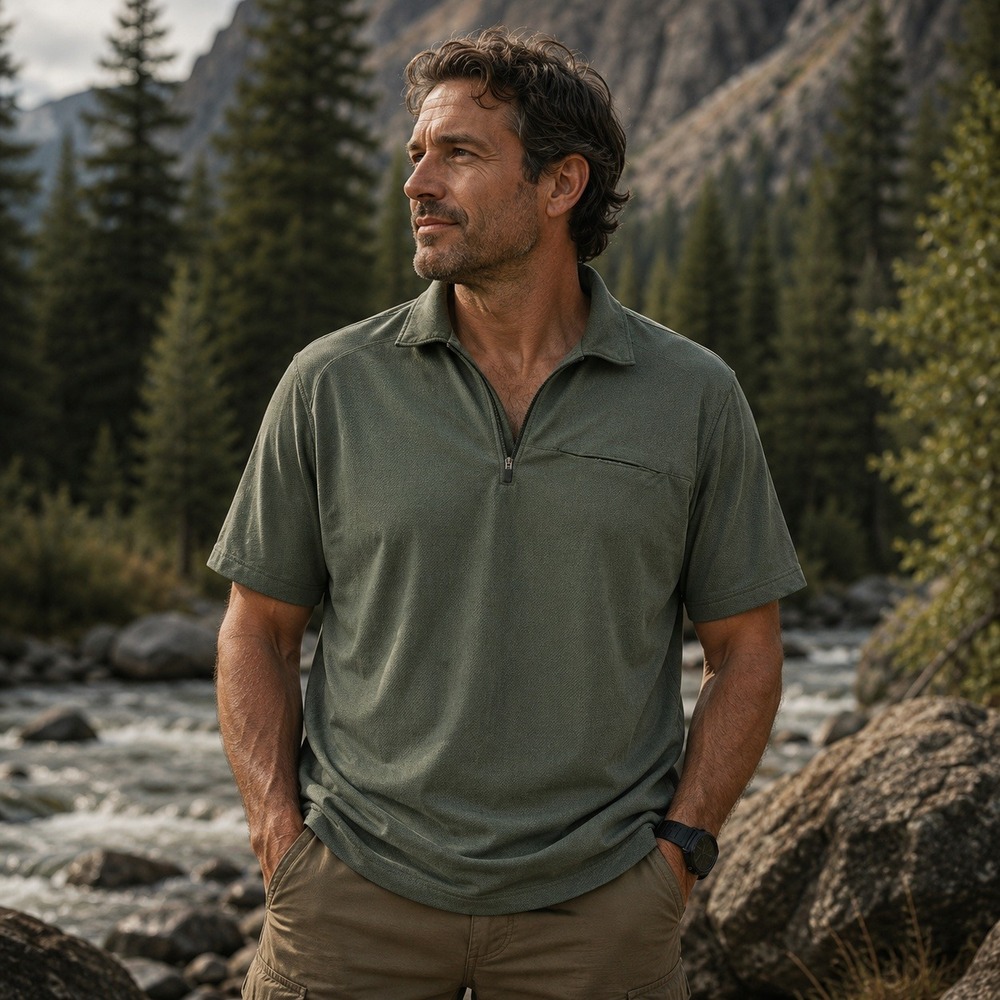 L.L Bean Mens Performance Quarter Zip Short Sleeve Polo Shirt Green L